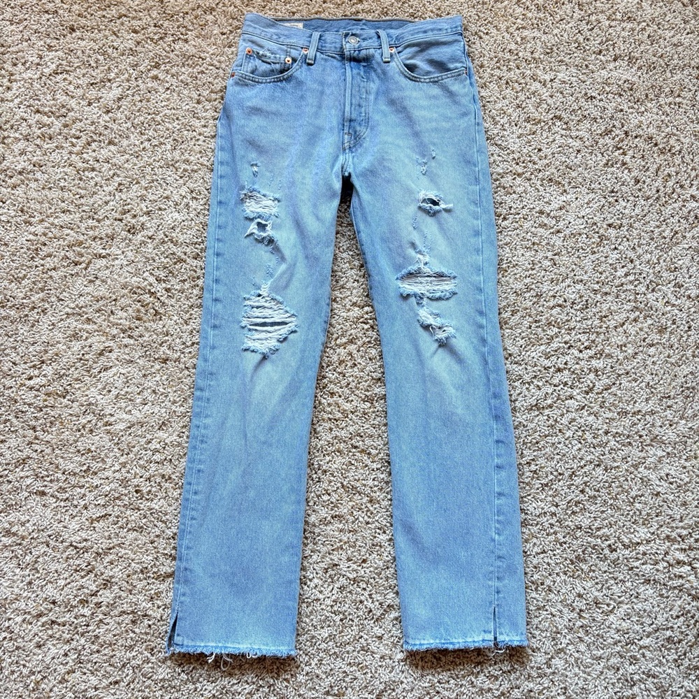 Levi's 501 Original Jeans Deconstructed Light Indigo Wash Button Fly Denim 27